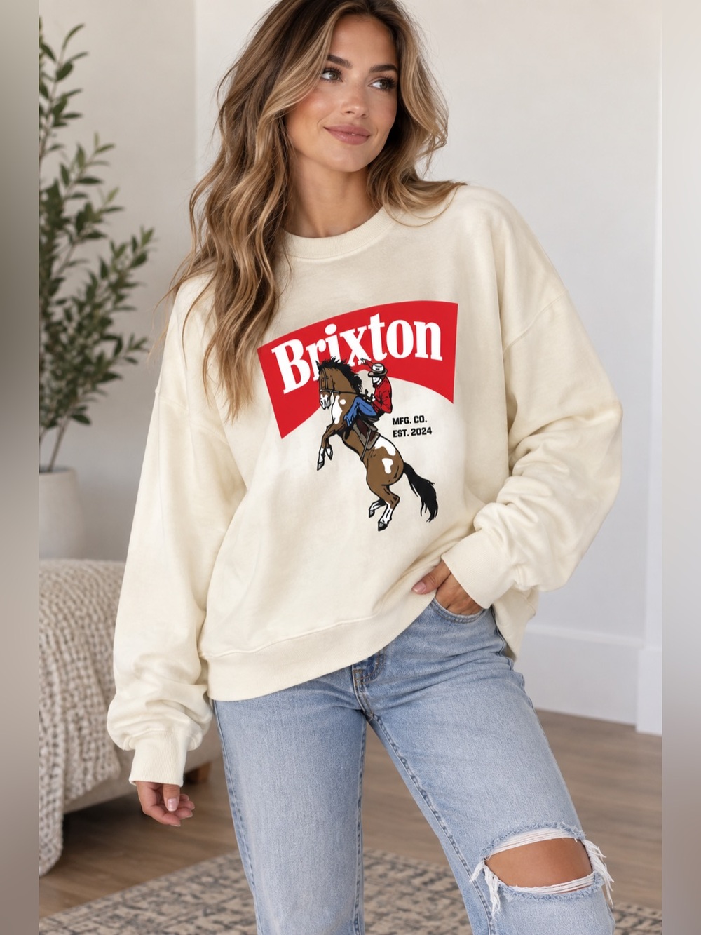 Brixton Ranching R W Crew Fleece Sweatshirt Off White Cowboy Size L NWT